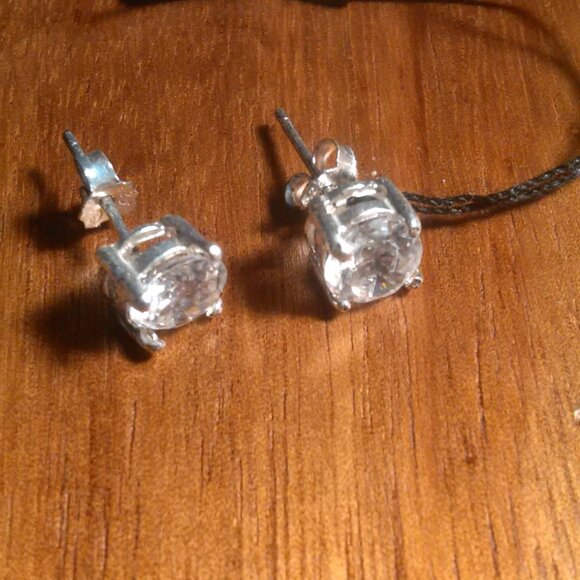 White Cubic Zirconia Sterling Silver Stud Earrings - Picture 2 of 11